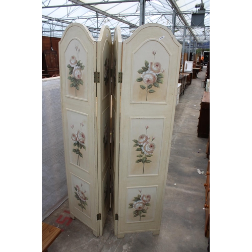 2755 - A MODERN FOUR DIVISION SCREEN WITH FLORAL PAINTED PANELS, EACH PANEL 71