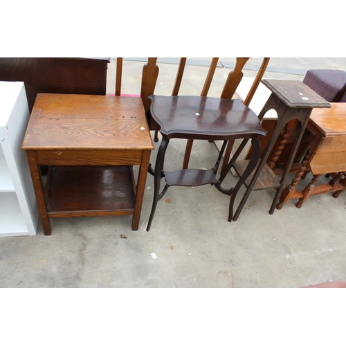 2768 - AN EDWARDIAN CENTRE TABLE, JARDINIER STAND AND OAK TWO TIER TABLE