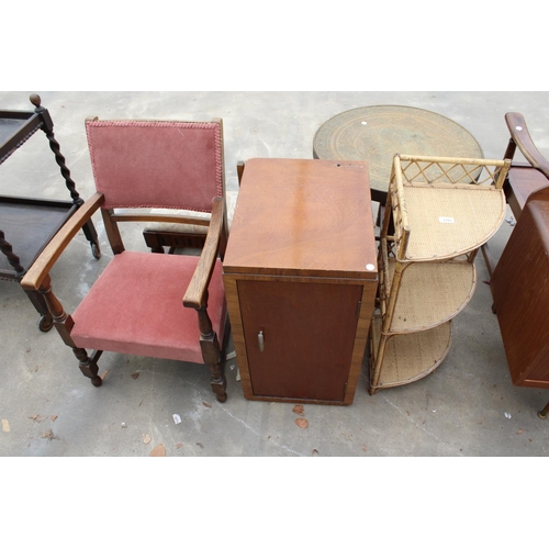 2785 - A MID 20TH CENTURY OAK CHILDS ELBOW CHAIR, BAMBOO AND WICKER CORNER STAND AND WALNUT LOCKER