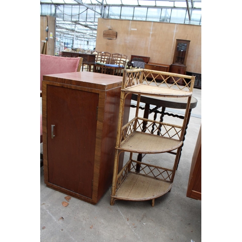 2785 - A MID 20TH CENTURY OAK CHILDS ELBOW CHAIR, BAMBOO AND WICKER CORNER STAND AND WALNUT LOCKER