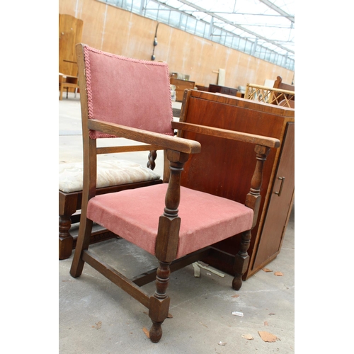 2785 - A MID 20TH CENTURY OAK CHILDS ELBOW CHAIR, BAMBOO AND WICKER CORNER STAND AND WALNUT LOCKER