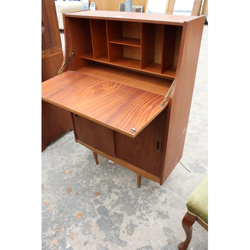 2789 - A RETRO TEAK BUREAU  WITH SLIDING DOORS TO BASE, 30