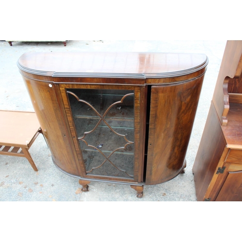 2791 - A MID 20TH CENTURY MAHOGANY BOW END DISPLAY CABINET ON BALL AND CLAW FEET, 48