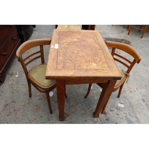 2793 - AN OAK FOLD OVER WORK TABLE AND A PAIR OF BENTWOOD CHAIRS