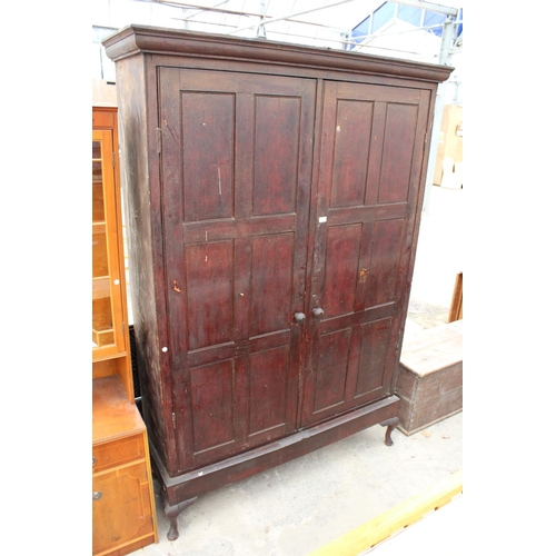 2797 - A VICTORIAN PINE PANELLED TWO DOOR STORAGE CUPBOARD ON CABRIOLE LEGS, 59" WIDE, 18.5" DEEP AND 85.5"...