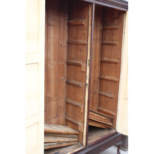 2797 - A VICTORIAN PINE PANELLED TWO DOOR STORAGE CUPBOARD ON CABRIOLE LEGS, 59
