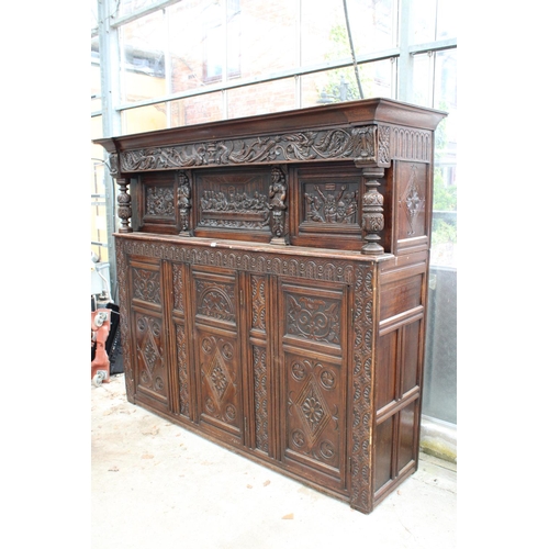 2799 - AN OAK GEORGE III STYLE COURT CUPBOARD WITH CARVED PANELS, THREE DEPICTING THE BIRTH AND CRUXIFICTIO... 