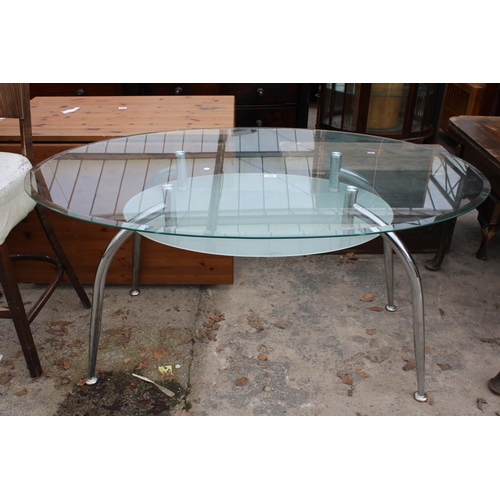 2806 - AN OVAL GLASS TOP RETRO TWO TIER DINING TABLE ON POLISHED CHROME LEGS, 60