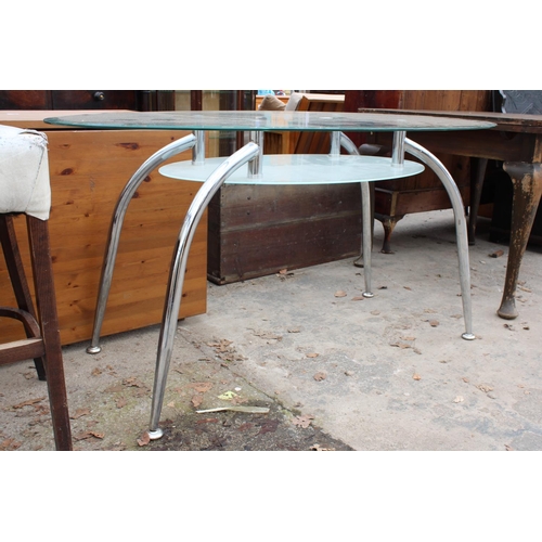 2806 - AN OVAL GLASS TOP RETRO TWO TIER DINING TABLE ON POLISHED CHROME LEGS, 60