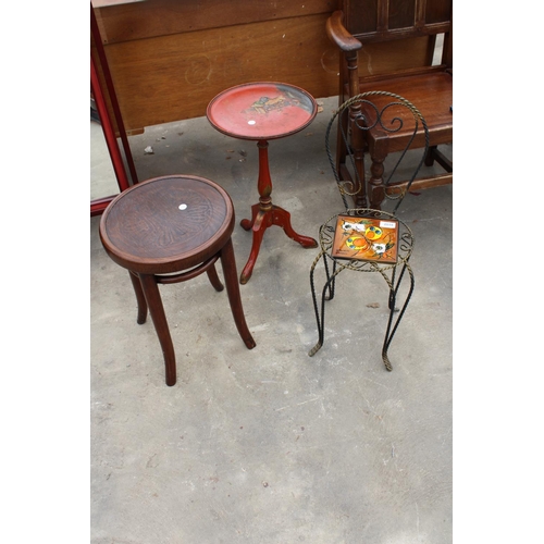 2819 - A BENTWOOD STOOL, MINIATURE WROUGHT IRON CHAIR WITH INSET TILE SIGNED VALLAURIS, R. LEDUC AND TRIPOD... 