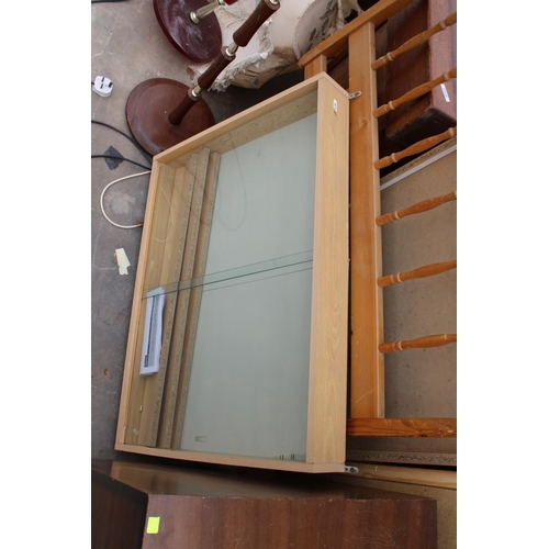 2831 - A PINE SINGLE HEADBOARD, TWO STANDARD LAMPS AND A DISPLAY CASE