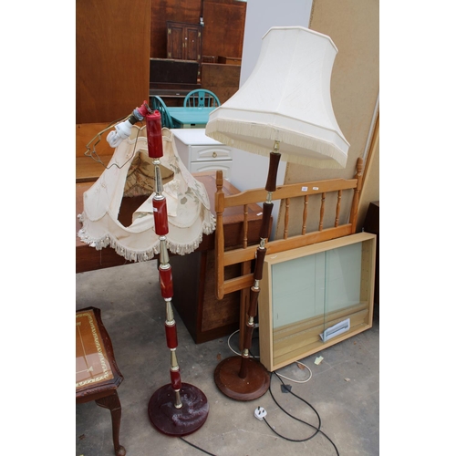 2831 - A PINE SINGLE HEADBOARD, TWO STANDARD LAMPS AND A DISPLAY CASE