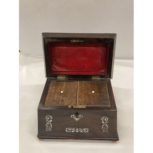 12 - AN INLAID SARCOPHAGUS SHAPED TWO SECTION TEA CADDY WITH INNER LIDS