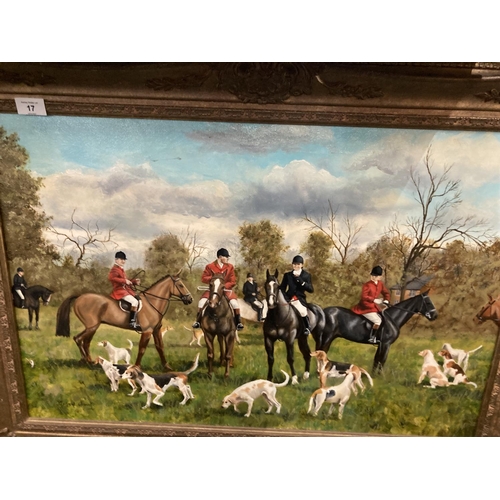 17 - AN ORNATE GILT FRAMED OIL ON CANVAS OF THE CHESHIRE HUNT SIGNED MICHAEL WOOD TO LOWER RIGHT HAND COR... 