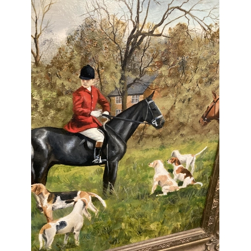 17 - AN ORNATE GILT FRAMED OIL ON CANVAS OF THE CHESHIRE HUNT SIGNED MICHAEL WOOD TO LOWER RIGHT HAND COR... 