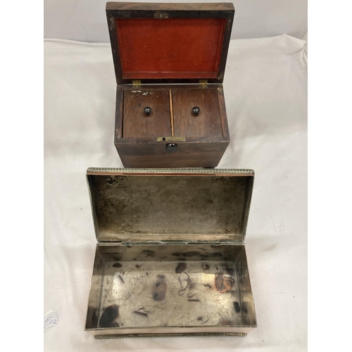 33 - TWO BOXES TO INCLUDE A BRASS AND COPPER LIDDED AND AN SARCOPHAGUS SHAPED TEA CADDY WITH TWO INNER CO... 