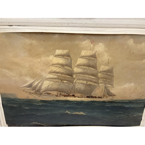 39 - A FRAMED OIL ON BOARD OF A GALLEON SIGNED A HUMPHERYS 1914 TI LOWER LEFT HAND CORNER WITH MERSEY A H... 