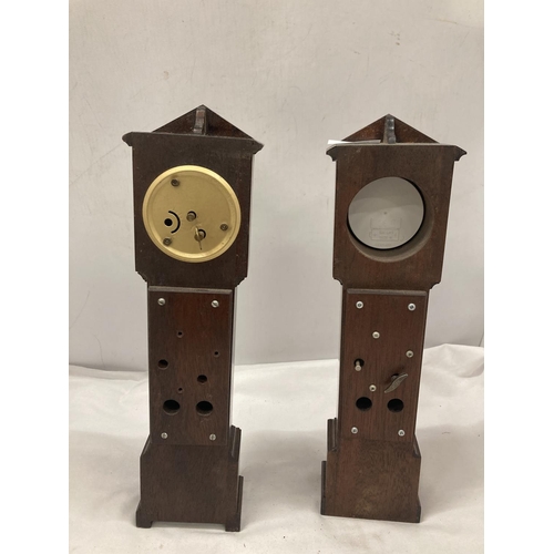 43 - TWO MINIATURE APPRENTICE PIECE STYLE LONGCASE CLOCKS HANDCRAFTED BY GORDON WARR WITH LETTER OF PROVE... 