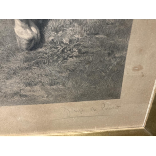 54 - A FRAMED SIGNED PRINT OF A PAINTING BY ROSA BONHEUR OF TWO STALLIONS FIGHTING WITH GALLERY STAMP