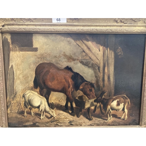 68 - A GILT FRAMED OIL ON BOARD OF A HORSE IN A STABLE WITH TWO GOATS 11