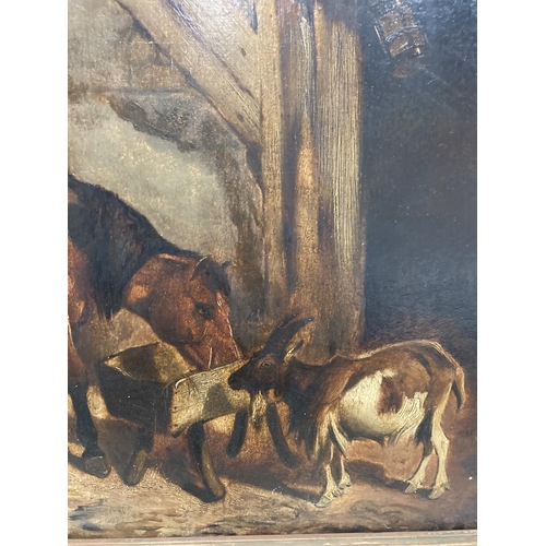 68 - A GILT FRAMED OIL ON BOARD OF A HORSE IN A STABLE WITH TWO GOATS 11