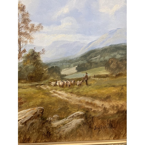 88 - A GILT FRAMED OIL ON CANVAS OF A LAKE SCENE WITH A FARMER MOVING STOCK SIGNED JACK R MOULD TO LOWER ... 