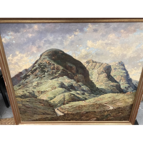 89 - A LARGE FRAMED OIL ON CANVAS OF A MOUNTAIN SCENE WITH A WINDING ROAD SIGNED TO LOWER RIGHT HAND CORN... 