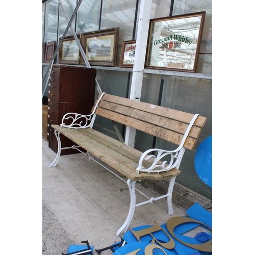 1632 - A WOODEN SLATTED GARDEN BENCH WITH CAST BENCH ENDS