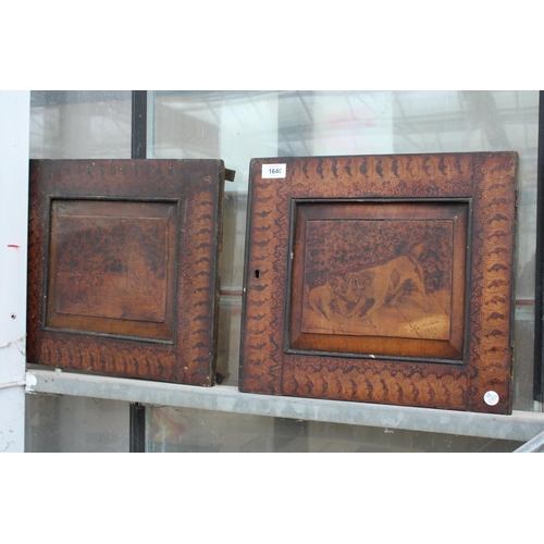 1640 - TWO VINTAGE WOODEN ETCHED BOARDS DEPICTING DOGS SIGNED AND DATED HUDSON 1893 TO THE BOTTOM RIGHT