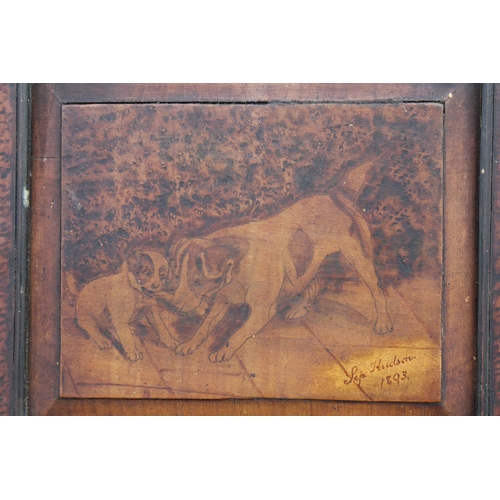 1640 - TWO VINTAGE WOODEN ETCHED BOARDS DEPICTING DOGS SIGNED AND DATED HUDSON 1893 TO THE BOTTOM RIGHT