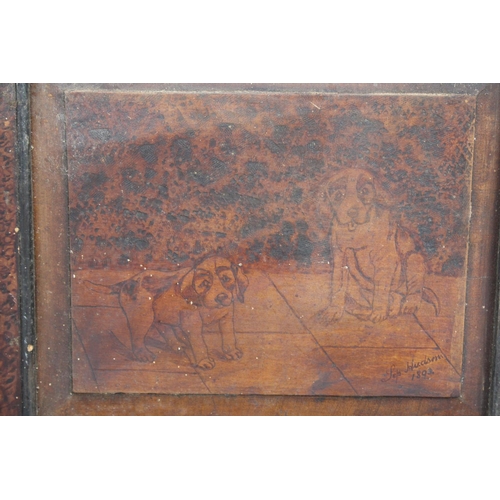 1640 - TWO VINTAGE WOODEN ETCHED BOARDS DEPICTING DOGS SIGNED AND DATED HUDSON 1893 TO THE BOTTOM RIGHT