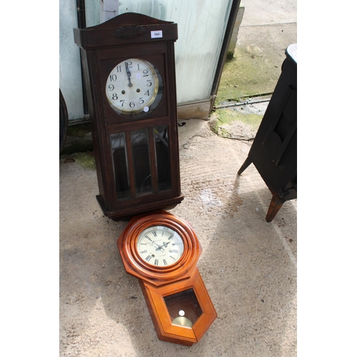 1645 - TWO CHIMING WALL CLOCKS TO INCLUDE AN OAK CASED EXAMPLE