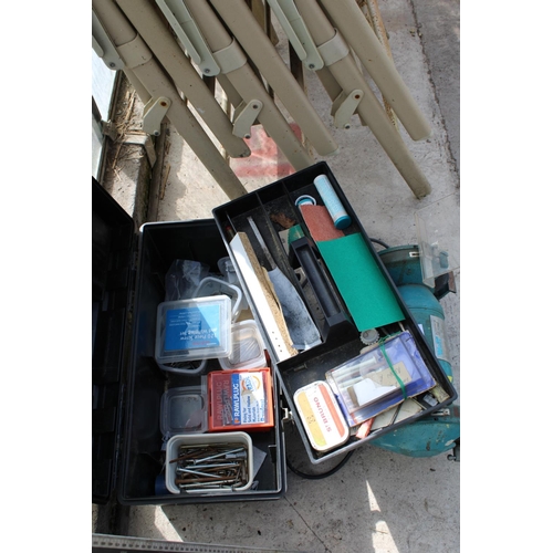 1669 - A WOLF ELECTRIC BENCH GRINDER AND A TOOL BOX WITH AN ASSORTMENT OF HARDWARE