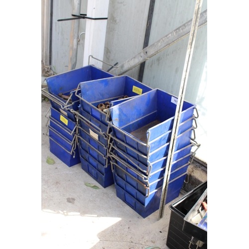 1670 - AN ASSORTMENT OF PLASTIC STORAGELIN BINS WITH AN ASSORTMENT OF HARDWARE