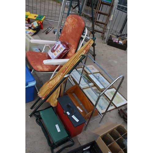 1820 - AN ASSORTMENT OF ITEMS TO INCLUDE A COOL BOX, A FOLDING CHAIR AND A SHOE RACK ETC