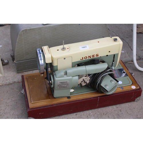 1821 - A JONES ELECTRIC SEWING MACHINE WITH FOOT PEDAL AND CARRY CASE