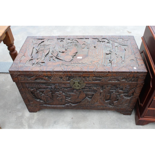 2869 - AN ORIENTAL CAMPHOR WOOD CARVED BLANKET CHEST, 41