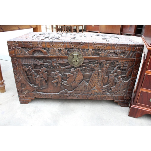 2869 - AN ORIENTAL CAMPHOR WOOD CARVED BLANKET CHEST, 41