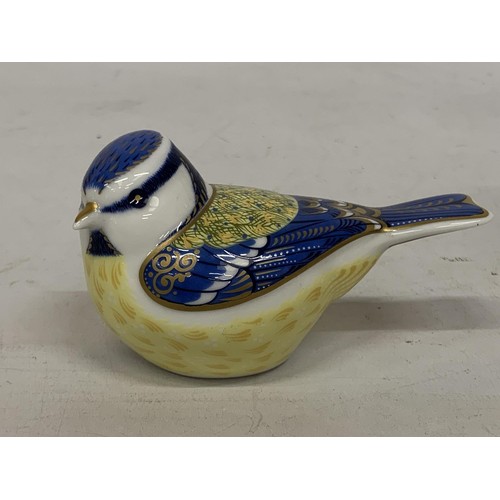 751 - A ROYAL CROWN DERBY PAPERWEIGHT GARDEN BLUE TIT WITH GOLD COLOURED STOPPER