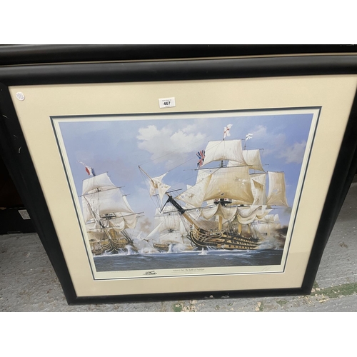 467 - A FRAMED COLOUR SIGNED LIMITED EDITION 672/1150 PRINT OF 'NELSONS DAY, THE BATTLE OF TRAFALGAR' BY R... 