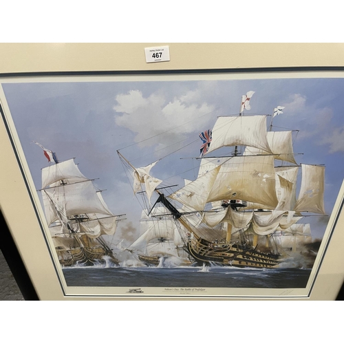 467 - A FRAMED COLOUR SIGNED LIMITED EDITION 672/1150 PRINT OF 'NELSONS DAY, THE BATTLE OF TRAFALGAR' BY R... 