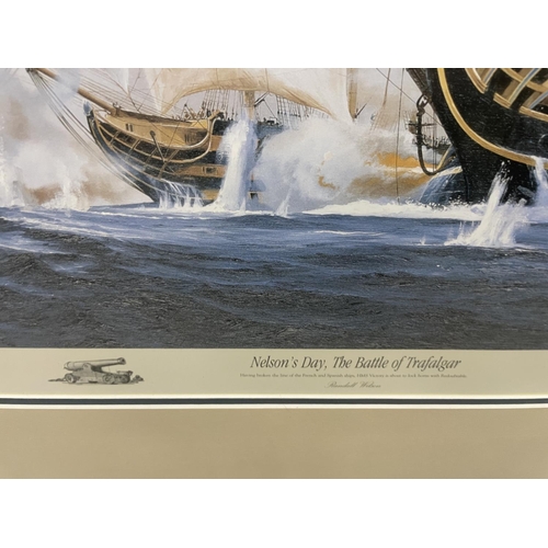 467 - A FRAMED COLOUR SIGNED LIMITED EDITION 672/1150 PRINT OF 'NELSONS DAY, THE BATTLE OF TRAFALGAR' BY R... 