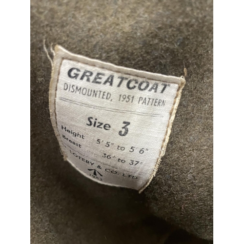 468 - AN ARMY GREAT COAT DATED 1953, SIZE 3