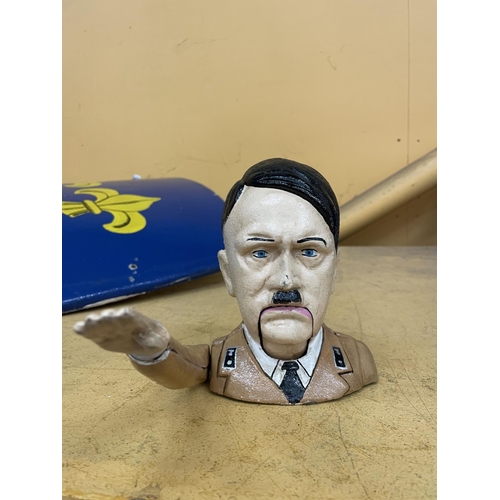 470 - A PAINTED METAL ADOLPH HITLER ARTICULATED BUST - HIS MOUTH OPENS WHEN HIS ARM IS RAISED. HEIGHT 17CM... 