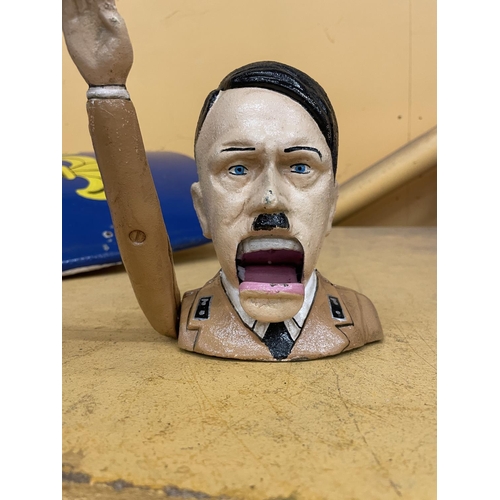 470 - A PAINTED METAL ADOLPH HITLER ARTICULATED BUST - HIS MOUTH OPENS WHEN HIS ARM IS RAISED. HEIGHT 17CM... 