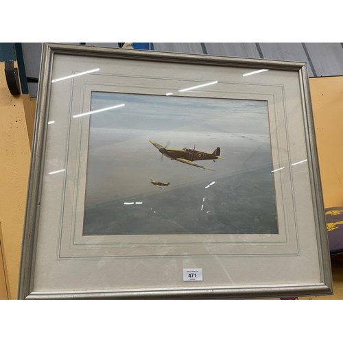 471 - A FRAMED COLOURED PRINT OF TWO SPITFIRES, 30 X 40CM