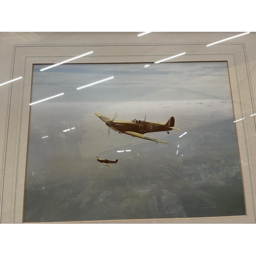 471 - A FRAMED COLOURED PRINT OF TWO SPITFIRES, 30 X 40CM