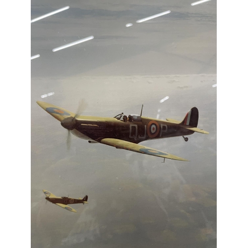 471 - A FRAMED COLOURED PRINT OF TWO SPITFIRES, 30 X 40CM