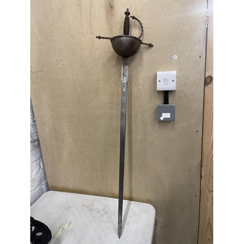 475 - A SPANISH MADE REPLICA RAPIER, 84CM BLADE MARKED TOLEDO, CUP GUARD, LENGTH 104CM