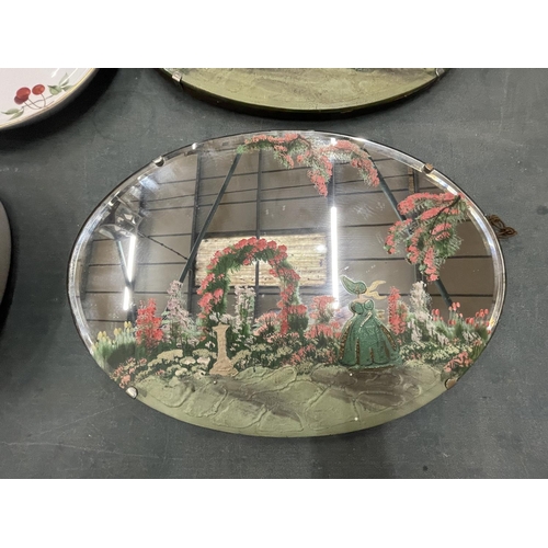 60 - AN ART DECO CRINOLINE LADY PAINTED OVAL MIRROR